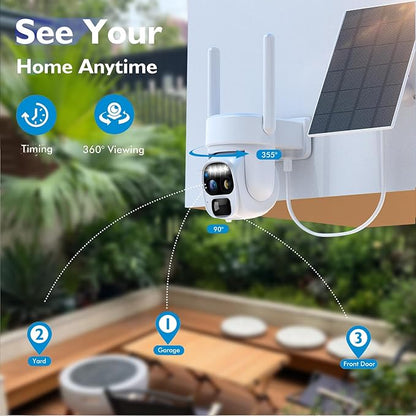 Hawkray Pannel Solar Wireless Outdoor Battery Security Camera， Dual-Lens, 10xZoom, 2K Resolution 3MP 360°Pan/Tilt，2.4&5G WiFi Powered Camera
