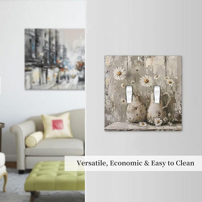 Decorative Switch Plates Vintage Rustic Floral White Daisy Flower Oil Painting Style 2 Gang Double Toggle Outlet Light Switch Cover Wall Plate Electrical Faceplate for Home Farmhouse Decor