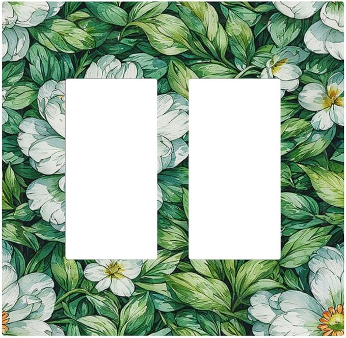 Vintage Floral White Flowers Green Plants Leaves Decorative Outlet Covers 2 Gang Double GFCI Rocker Light Switch Cover Plate Electrical Wall Panels for Bedroom Bathroom Decor