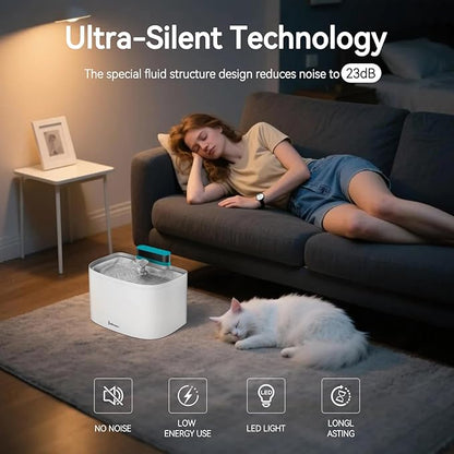 Cat Water Fountain, App Control Wireless Cat Fountain, 122oz/3.6L Pumpless Water Fountains for Cats Indoor with Stainless Steel Tray, Wi-Fi Dog and Pet Water Fountain (White, Fountain+2 Fliters)