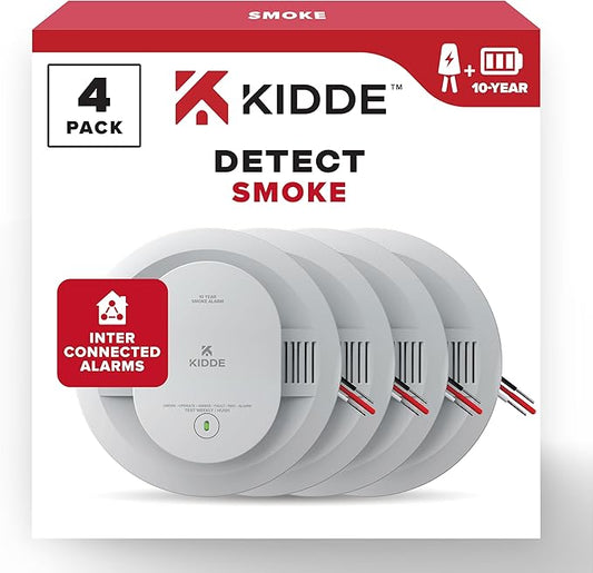 Kidde Hardwired Smoke Detector, 10-Year Battery Backup, Interconnectable, LED Warning Light Indicators, 4 Pack