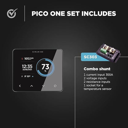 Simarine Pico One Battery Monitor Set, Multi-Voltage System Monitoring, Lead Acid & Lithium Battery Compatible, Tank & Temperature Monitoring, Shunt 300 A, Easy Installation, Barograph (Silver)