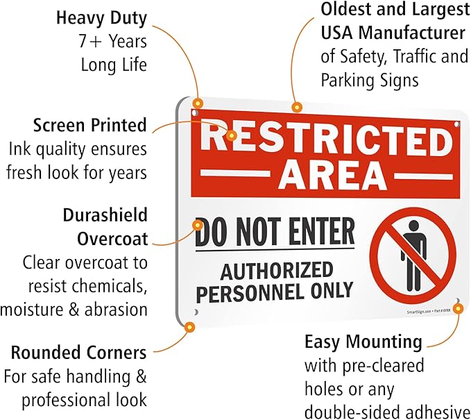 SmartSign 7 x 10 inch “Restricted Area - Do Not Enter, Authorized Personnel Only” Metal Sign with Symbol, 40 mil Laminated Rustproof Aluminum, Red, White and Black, Made in USA