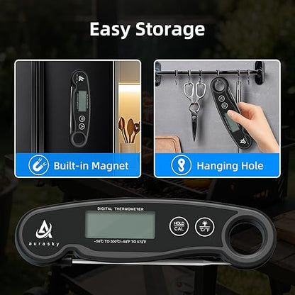 Aurasky Instant-Read Meat Thermometer Digital for Cooking and Grilling, Waterproof Food Thermometer with Backlight, Calibration & Hold Function for Kitchen, BBQ, Deep Fry, Candy, Liquid (Black)