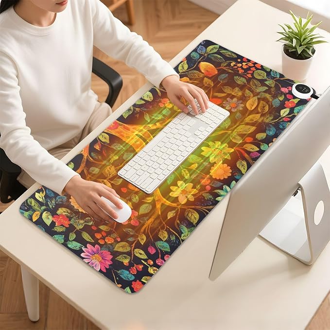 Heated Desk Pad Mouse Pad 31.5x13 Inch PU Leather Desk Mat with 3 Heat Levels Large Mouse Gaming Computer Laptop Mat Tree of Life Floral Leaves Black