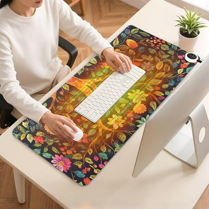 Heated Desk Pad Mouse Pad 31.5x13 Inch PU Leather Desk Mat with 3 Heat Levels Large Mouse Gaming Computer Laptop Mat Tree of Life Floral Leaves Black