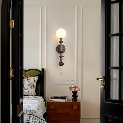 Wood Wall Sconce,Industrial Globe Wall Sconce,Modern Bedroom Vanity Wall Light fixtures with White Globe Glass Lampshade for Living Room、dinging Room