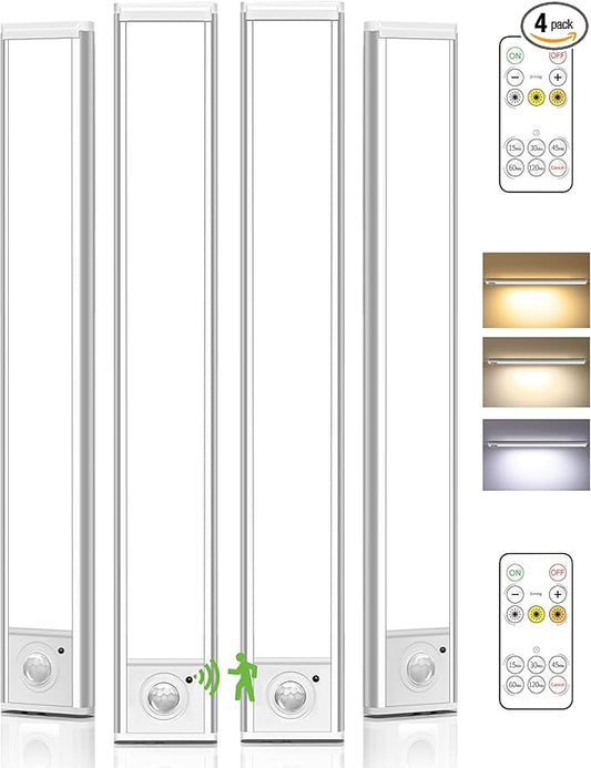 4Pack 12inch Under Cabinet Lighting, Rechargeable Motion Sensor Light Wireless Indoor, Dimmable 3 Color Temps Closet Lights with Remote, Indoor Under Counter LED Lights for Kitchen, Stairs