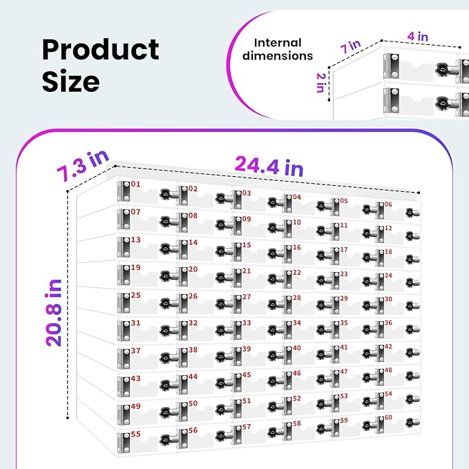 60 Slots Cell Phone Locker Box, Clear Phone Storage, Acrylic Cell Phone Lock Box with Door Locks and Keys, Wall Mounted Cell Phones Cabinet for Office School Classroom Factory