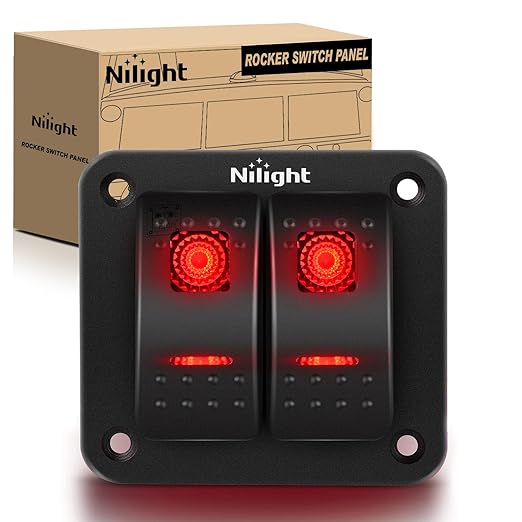 Nilight 2 Gang Rocker Switch Panel 12V 24V DC Red Switches Aluminum 5Pin ON Off PreWired Toggle Waterproof for Cars Boats ATVs UTVs