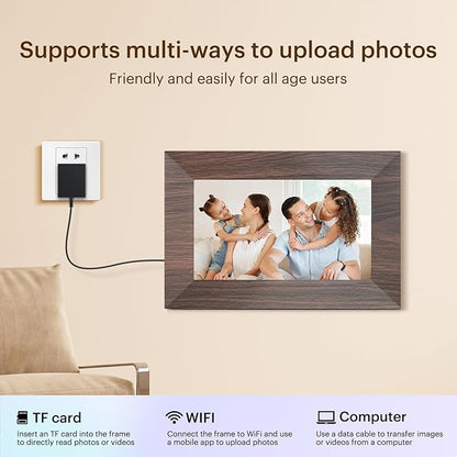 7” Digital Picture Frame with 32GB Storage, WiFi Digital Photo Frame 1024x600 HD IPS Touchscreen, Easy Setup for Photo & Video Sharing via Free App, Light Brown Wood Grain