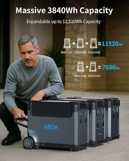 Portable Power Station with Extra Battery, 3840Wh LiFePO4 Battery, 3600W Electric Solar Generator for Garage, Home, Off-Grid Living, Camping, RVs, Outdoor Adventures