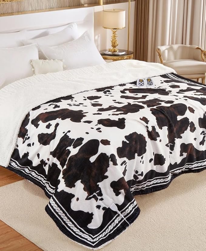 CAROMIO Heated Electric Blanket King Size with LCD Dual Controller, Cow Print Heating Blankets, 10 Heat Levels & 1-12H Time Settings, ETL Certified, Machine Washable, Brown Black, 100" x 90"