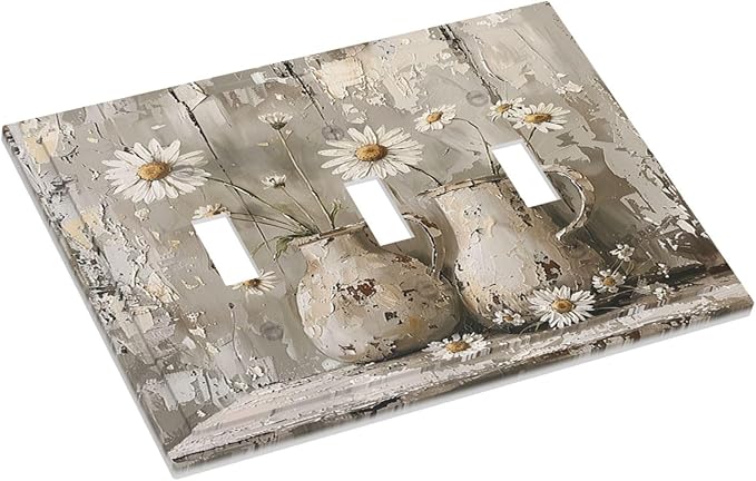 Decorative Switch Plates Vintage Rustic Floral White Daisy Flower Oil Painting Style 3 Gang Wall Plate Triple Toggle Light Switch Cover Faceplate Electrical Wall Panels for Home Farmhouse