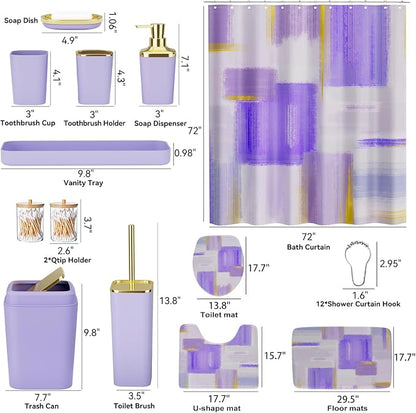 Bathroom Set - Purple and Gold Bathroom Accessories Set, Bathroom Sets with Shower Curtain and Rugs, Purple Shower Curtain Set with Bathroom Trash Can, Soap Dispenser, Soap Dish for Home Decor