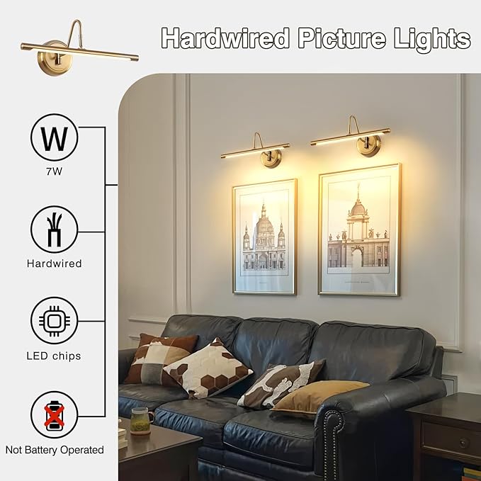 JOOSENLUX Modern Brass Picture Light Hardwired - 16.54'' for Wall Painting and Artwork Display - 7W LED Wall Lights(45W Eqv.) - Warm White 3000K - Hard Wired Connection with Swing Arm