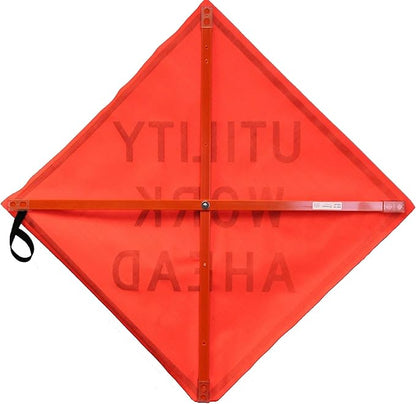 48 inch MESH Roll-Up Warning Sign. Legend: Utility Work Ahead