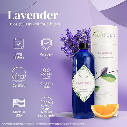Lavender Essential Oils for Diffusers for Home, Nature-derived Lavender Essential Oil, Long-Lasting & Family-Friendly Diffuser Oils Scents, IFRA Certified, Cold Air & Ultrasonic - 16 oz