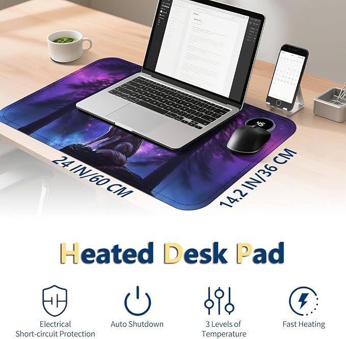 Heated Mouse Pad with 3 Temperature Settings(104°F–122°F),Large 24x14.2 Inch PU Leather Heated Desk Mat,Waterproof Warming Pad for Office,Gaming & Cold Hands Relief,Moon Wolf Howling