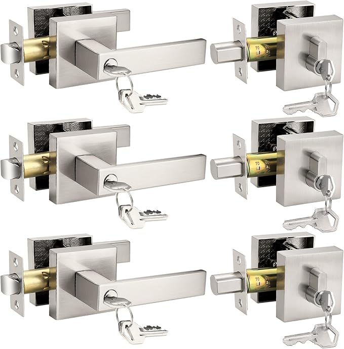 Probrico Satin Nickel Square Entry Levers Locksets and Single Cylinder Deadbolts Combination Set, Heavy Duty Front Door Office Entrance Levers, 3 Pack Keyed Alike(All Same Keys)