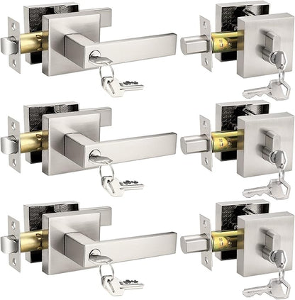 Probrico Satin Nickel Square Entry Levers Locksets and Single Cylinder Deadbolts Combination Set, Heavy Duty Front Door Office Entrance Levers, 3 Pack Keyed Alike(All Same Keys)