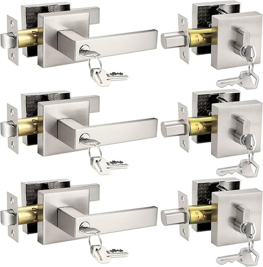 Probrico Satin Nickel Square Entry Levers Locksets and Single Cylinder Deadbolts Combination Set, Heavy Duty Front Door Office Entrance Levers, 3 Pack Keyed Alike(All Same Keys)