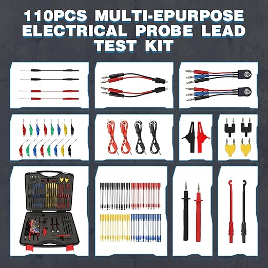 110PCS Automotive Circuit Test Lead Kit, Multimeter Leads Kit,Multi Function Auto Diagnostic Tools with Power Back Probes Test Lead Set Wire Connectors Set with Black Carrying Case,Alligator Clips