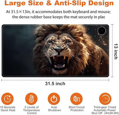 Heated Mouse Pad for Desk 31.5" x 13" – PU Leather Warm Desk Pad with 3 Heat Levels (104°F/113°F/122°F), Plug-in Electric Heating Mat with Auto Shut-Off, Waterproof & Rollable, Roaring Lion