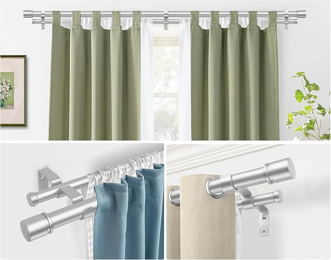 Double Curtain Rod 72 to 144 Inch, HOTOZON 1 Inch Heavy Duty Curtain Rods for Windows, Telescoping Double Drapery Rod with Simple Cap Finials, Silver