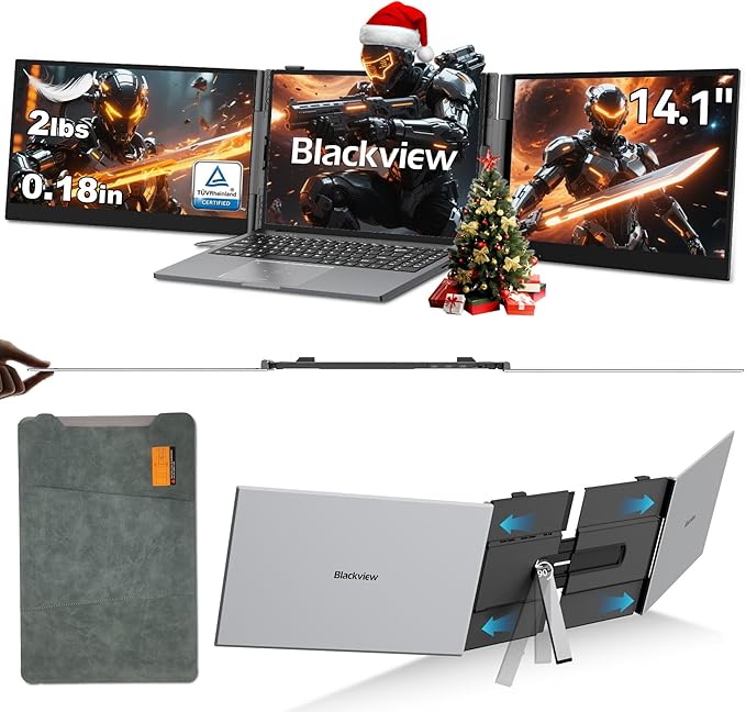 Blackview DCM6 Triple Laptop Screen Extender,14" 1080P FHD IPS Portable External Screen,Two Cable USB C Travel for 13-17'' Laptop,Plug & Play Compatible with Windows/Mac/Chrome OS and Mobile Devices