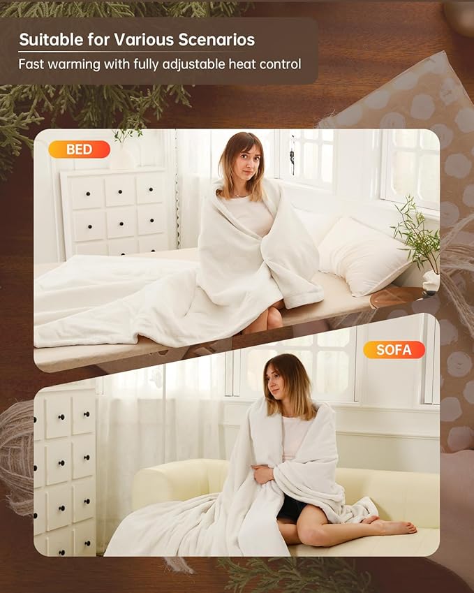 Electric Heated Blanket Twin Size, Washable Blanket Warmer for Home for Adults, Fast Heating Super Cozy Soft Fabric, 62" x 84", 9 Heat Levels, 1-9H Auto-Off, ETL Certified, Cream