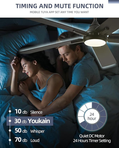 YOUKAIN 52 Inch Ceiling Fans with Lights, Black Ceiling Fan, Smart Fan Remote & APP Control, Reversible Blades, LED Ceiling Fan for Living Room, Bedroom, 52-YJ812-BK