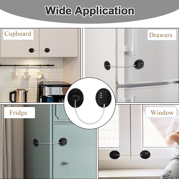 4 Pack Refrigerator Lock Combination, No-Drill Fridge Lock with Password Refrigerator Door Locking Safety Freezer Door (Black)