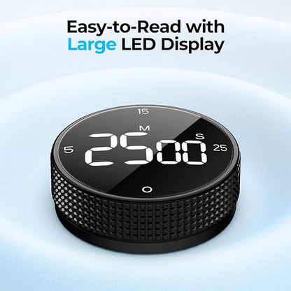Magnetic Kitchen Timer for Cooking with Loud Alarm - Large LED Display Rotating Countdown Pomodoro Timer, Preset 5/15/25 Mins Easy for Seniors and Kids，for Baking Grilling Studying