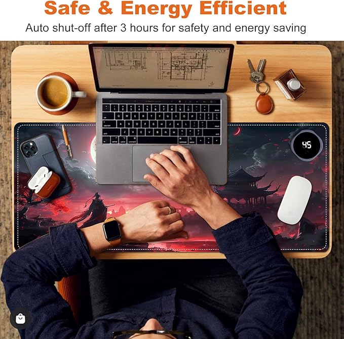 Heated Mouse Pad for Desk 31.5" x 13" – PU Leather Warm Desk Pad with 3 Heat Levels (104°F/113°F/122°F), Plug-in Electric Heating Mat with Auto Shut-Off, Waterproof & Rollable, Bloody Moonlight