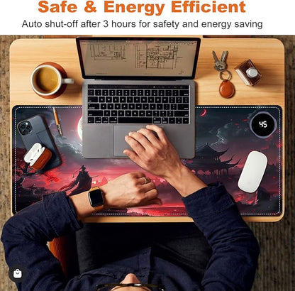 Heated Mouse Pad for Desk 31.5" x 13" – PU Leather Warm Desk Pad with 3 Heat Levels (104°F/113°F/122°F), Plug-in Electric Heating Mat with Auto Shut-Off, Waterproof & Rollable, Bloody Moonlight