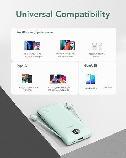 VEGER Portable Charger with Built-in AC Plug and Cables, All in One 10000mAh Ultra Slim Power Bank Travel Essentials, 15W Fast Charging Battery Pack Compatible with iPhone, Samsung, Android (Green)