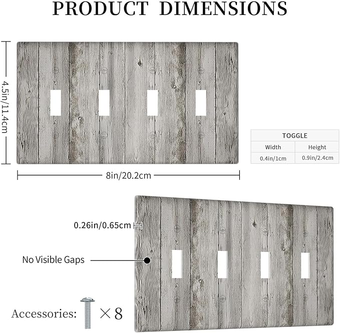 Light Switch Covers Farmhouse Rustic Grey Barn Door Wood Quad Toggle Electrical Faceplate 4 Gang Wall Plate Decorative Switch Plates for Bedroom Cabin Decor