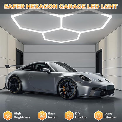 Hexagon Led Lights, 3-Level Dimmable Hexagon Garage Lights, 128W 6500K 14080LM Upgraded Honeycomb Lights for Gym Lighting, Car Detailing, Workshop, Basement, Barber