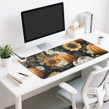 Heated Desk Pad Mouse Pad 31.5x13 Inch PU Leather Desk Mat with 3 Heat Levels Large Mouse Gaming Computer Laptop Mat Black Pumpkins Sunflowers Daisy