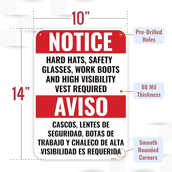 1PC Construction Signs, 14 x 10 Inches - Aluminum - Danger Area Under Construction Safety Site Signs For Jobsites - Bilingual Spanish