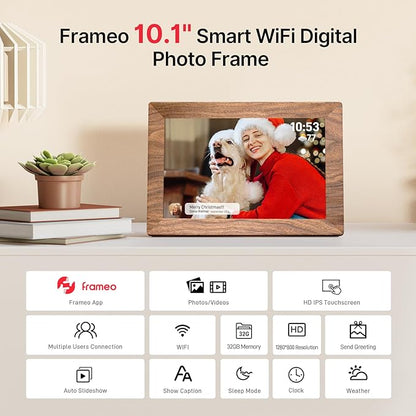 Frameo 10.1" Digital Picture Frame, Smart WiFi Digital Photo Frame with 1280x800 HD IPS Touch Screen 32GB Memory Auto-Rotate Wall Mounted, Share Photos/Videos from Phone Anywhere - Brown