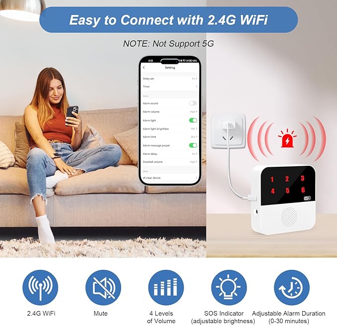 WiFi Smart Wireless Caregiver Pagers for Elderly Alert Button That Calls Cell Phone Caregiver Alert System with LED Number Display 2 SOS Call Button 1 Receiver(Only Supports 2.4GHz & No Monthly Fee)