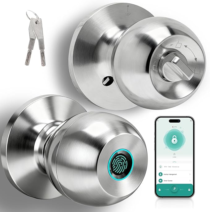 Fingerprint Door Lock, Smart Door Knob, Keyless Entry Door Lock with App Control, Thumbprint Door Knob with Backup Key, Suitable for Home, Bedroom, Apartments, Garage, Office - Sliver