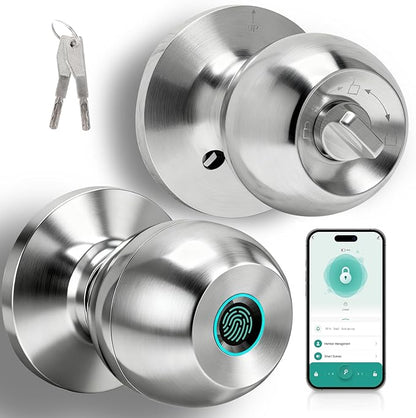 Fingerprint Door Lock, Smart Door Knob, Keyless Entry Door Lock with App Control, Thumbprint Door Knob with Backup Key, Suitable for Home, Bedroom, Apartments, Garage, Office - Sliver