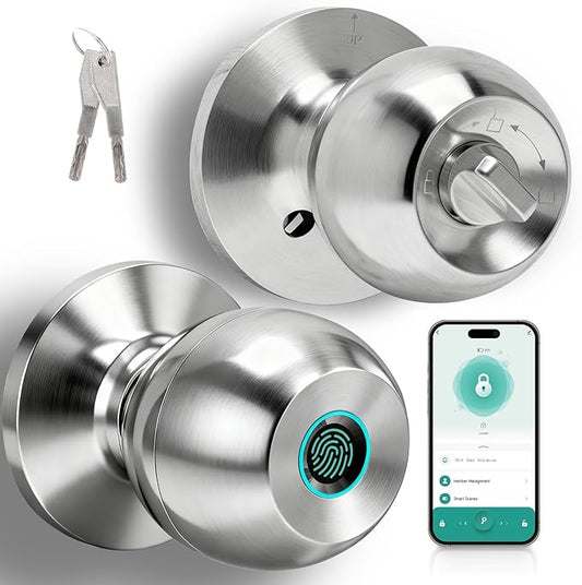 Fingerprint Door Lock, Smart Door Knob, Keyless Entry Door Lock with App Control, Thumbprint Door Knob with Backup Key, Suitable for Home, Bedroom, Apartments, Garage, Office - Sliver