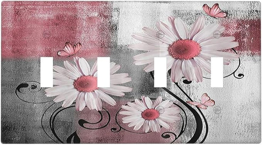 Light Switch Covers Pink Floral Rustic Daisy Flower And Butterfly Quad Toggle 4 Gang Wall Plate Electrical Faceplate Decorative Switch Plates for Farmhouse Cabin Decor
