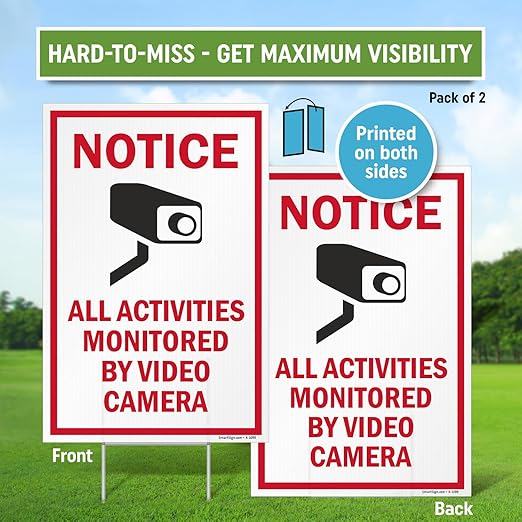 SmartSign 12" x 18" (2-Pack) All Activities Monitored By Video Camera Yard Sign with 15" Metal H-Stake, Double Sided Sign with Camera Symbol, 160 mil Thick Corrugated Plastic Lawn Signs, USA-Made