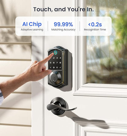 Veise VE017-L Fingerprint Smart Lock with 2 Lever Handles, Keyless Entry Front Door Lock Set, App Control, Electronic Digital Keypad Deadbolt, Easy Installation, Emergency Power Port, Matte Black