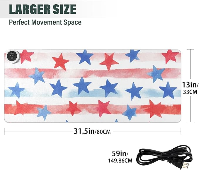 Heated Desk Pad Mouse Pad 31.5x13 Inch PU Leather Desk Mat with 3 Heat Levels Large Mouse Gaming Computer Laptop Mat July 4th Stripes Stars White